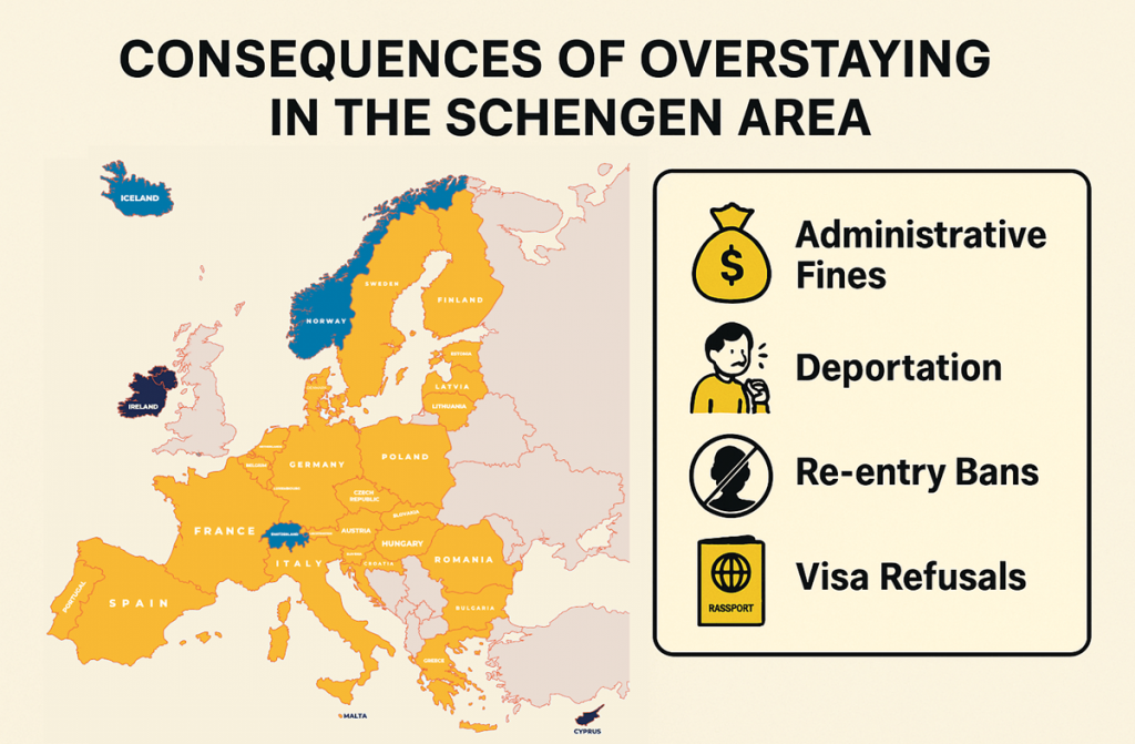 Illustration showing the consequences of overstaying in the Schengen Area with a map of Europe and list of penalties including fines, deportation, re-entry bans, and visa refusals.